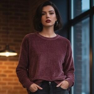 Pink Rose $48 Small Plum Purple Chenille Soft Oversized Crew Neck Sweater